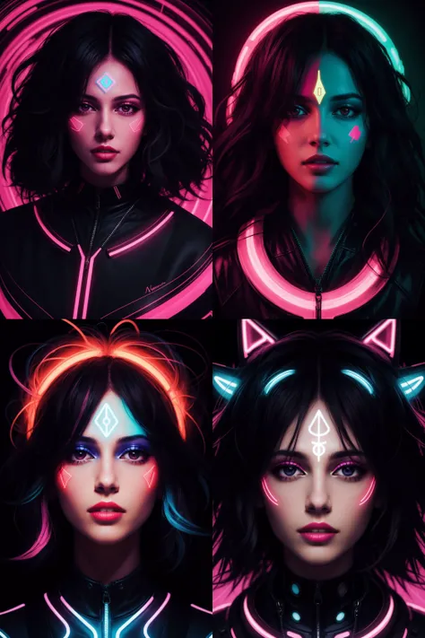 Neon Harmonies: An abstract female character nas portrait bathed in neon hues, with the subjects face adorned with abstract neon patterns and shapes. The artists use of vibrant colors and dynamic compositions creates an electrifying and futuristic represen...