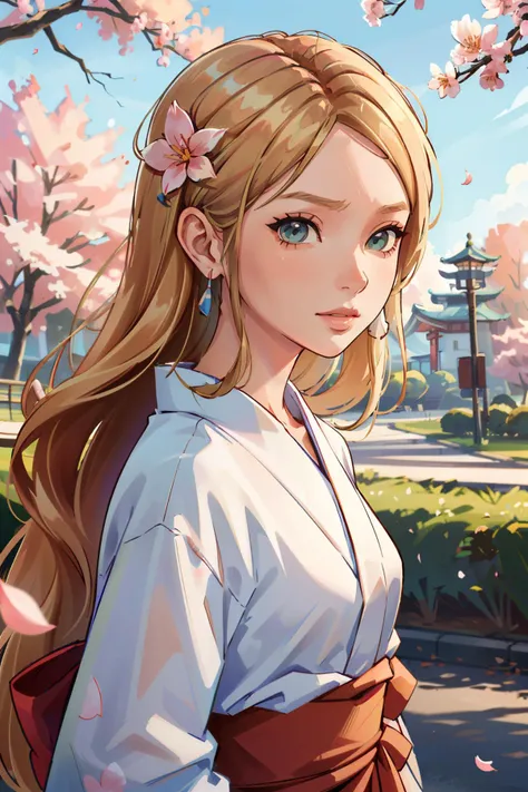 (masterpiece, best quality, highres:1.5)
<lora:LifeStrangeRachel:0.8>
LifeStrangeRachel, 1girl, solo, long hair, blonde hair, earrings,  yukata, japan, cherry blossoms, hair ornament