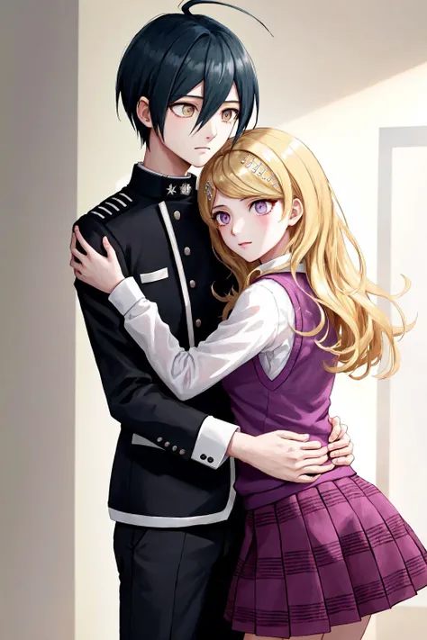 masterpiece, best quality, highres, 1boy shuichi jacket black pants, 1girl kaede sweater vest purple skirt white shirt <lora:shuichi_kaede:1> [hug::0.5]