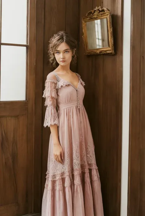 a woman in a pink dress standing in front of a wooden door