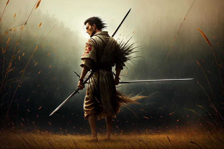a lone ronin in bloody torn robe walking in the rain, bare feet, from behind, (long sword), wavy (tall grass:1.2), sunset, full body, dramatic, backlit, volumetric lighting, (highly detailed:1.2), painting, bloom <hypernet:LuisapAbstract_abstractVersion:0....