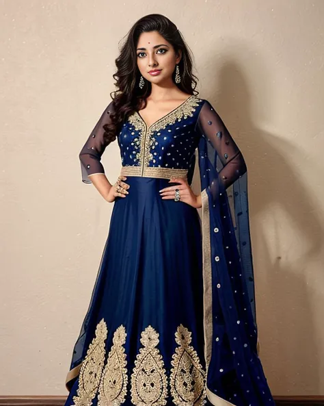 professional portrait photo, fully dressed, beautiful, 25-year-old, wearing elegant Sapphire Gota Patti Suit (Rajasthani embellished dress), flat matte background, desilatte