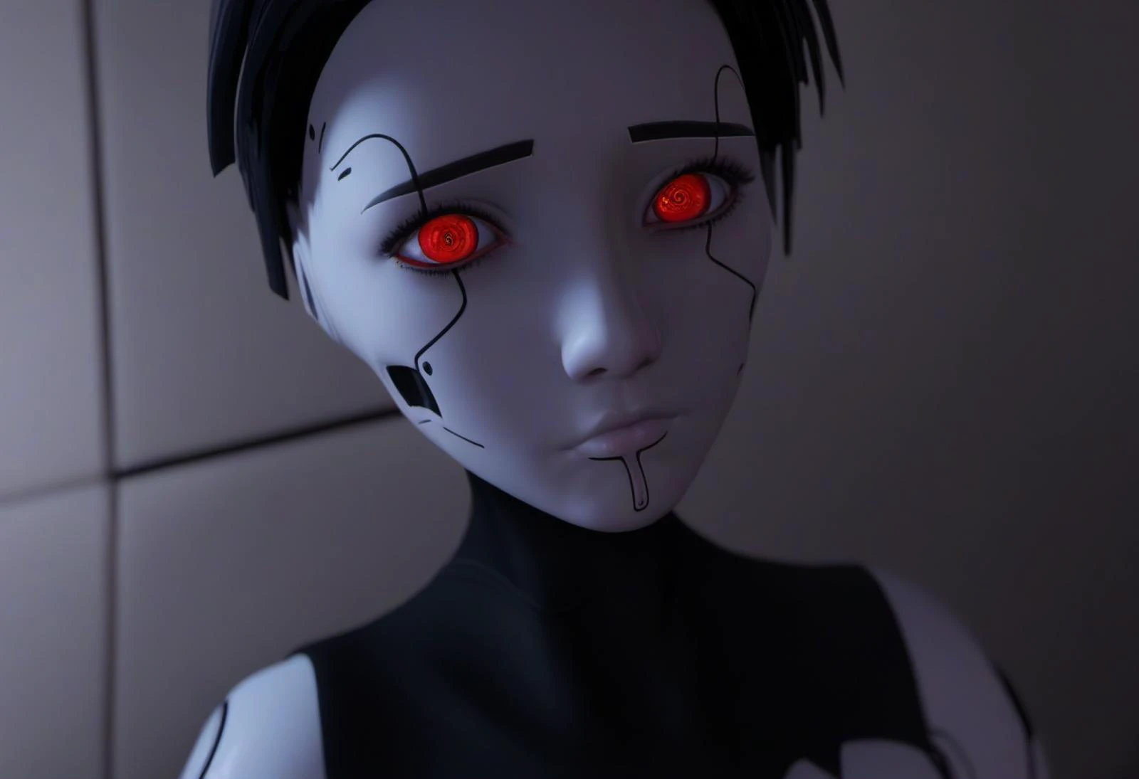 a close up of a person with red eyes and a black body