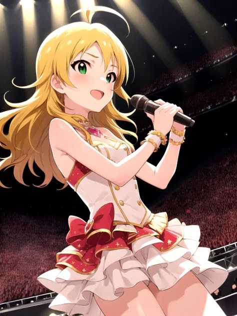 masterpiece, best quality, 1girl, solo, dsmiki, blonde hair, long hair, ahoge, green eyes, small breasts, dress, idol clothes, bare shoulders, standing, stage, audience, detailed background, holding microphone, cowboy shot, idolmaster, idolmaster million l...