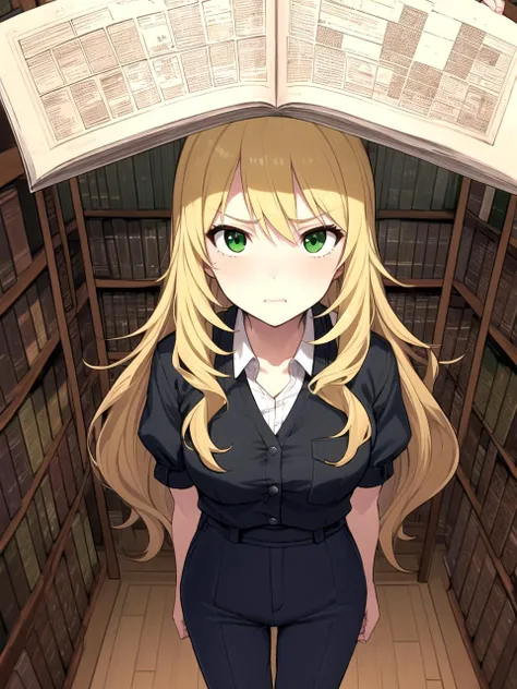 masterpiece, best quality, 1girl, solo, dsmiki, blonde hair, long hair, ahoge, green eyes, Light Brown palazzo pants, Light Black plain shirt, from above, disgusted eyes, historic library, towering bookshelves, antique maps,, detailed background
<lyco:dsmi...