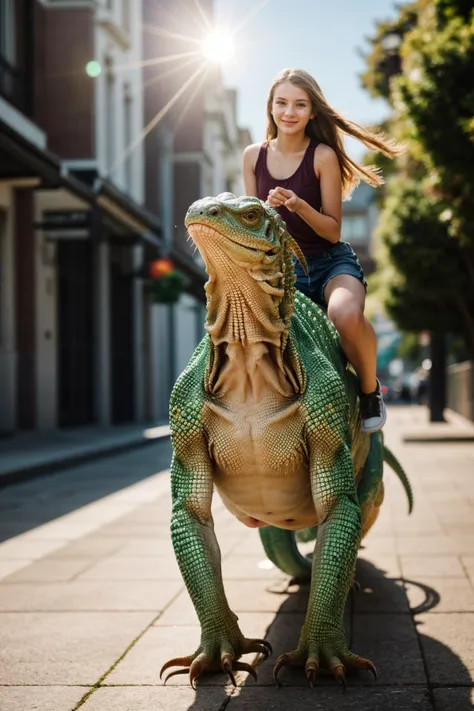 full body,photo of a 18 year old girl,riding on a oversized lizard,running,happy,looking at viewer,ray tracing,detail shadow,sho...