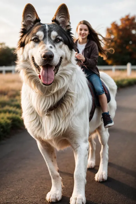 full body,photo of a 18 year old girl,riding on a oversized dog,running,happy,looking at viewer,ray tracing,detail shadow,shot o...