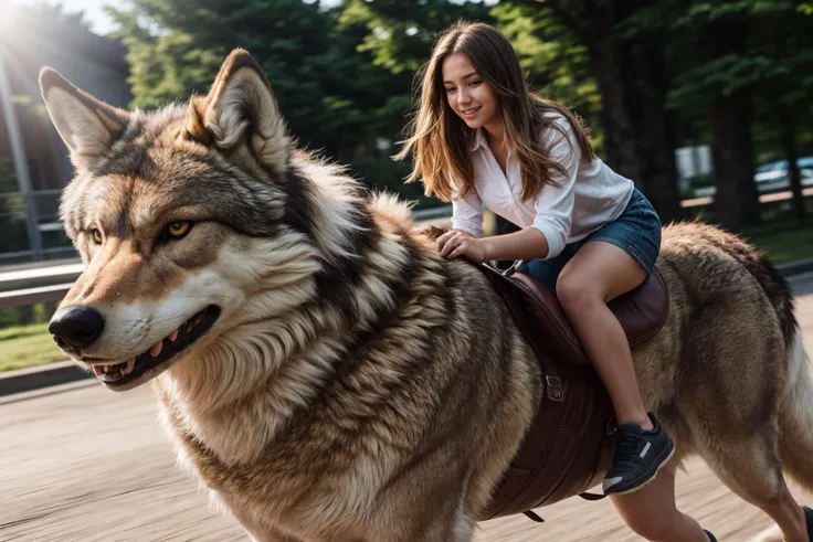 full body,photo of a 18 year old girl,riding on a oversized wolf,running,happy,looking at viewer,ray tracing,detail shadow,shot ...