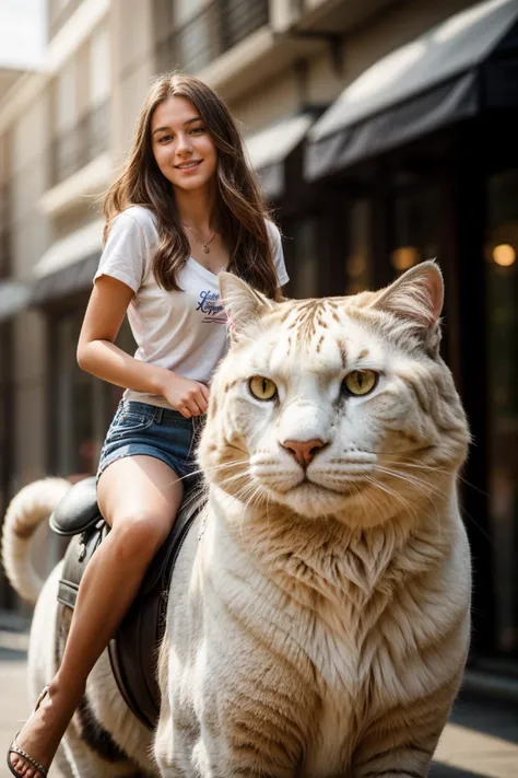 full body,photo of a 18 year old girl,riding on a oversized cat,happy,looking at viewer,ray tracing,detail shadow,shot on fujifi...