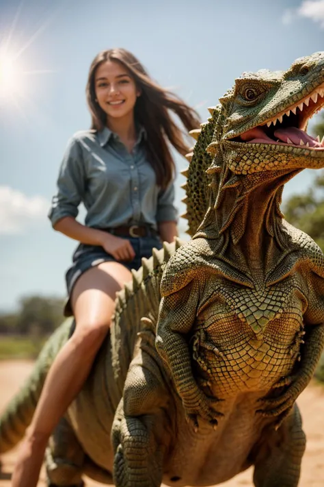 full body,photo of a 18 year old girl,riding on a oversized lizard,happy,looking at viewer,ray tracing,detail shadow,shot on Fujifilm X-T4,85mm f1.2,sharp focus,depth of field,blurry background,bokeh,lens flare,motion blur,<lora:add_detail:1>,