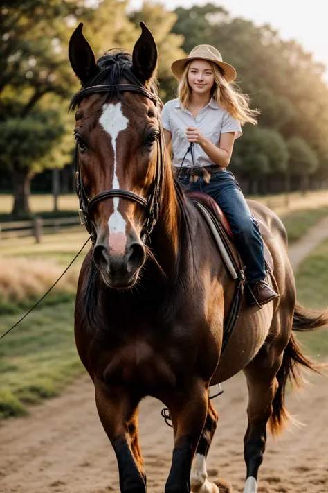 full body,photo of a 18 year old girl,riding on a horse,running,happy,looking at viewer,ray tracing,detail shadow,shot on fujifi...