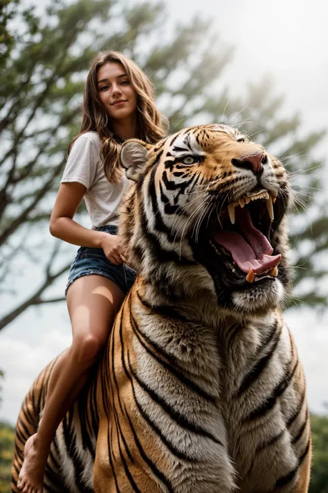 full body,from below,photo of a 18 year old girl,riding on a oversized tiger,happy,looking at viewer,ray tracing,detail shadow,s...