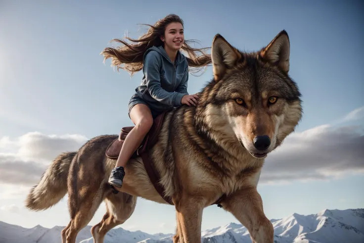 full body,photo of a 18 year old girl,riding on a oversized wolf,running,happy,looking at viewer,ray tracing,detail shadow,shot ...