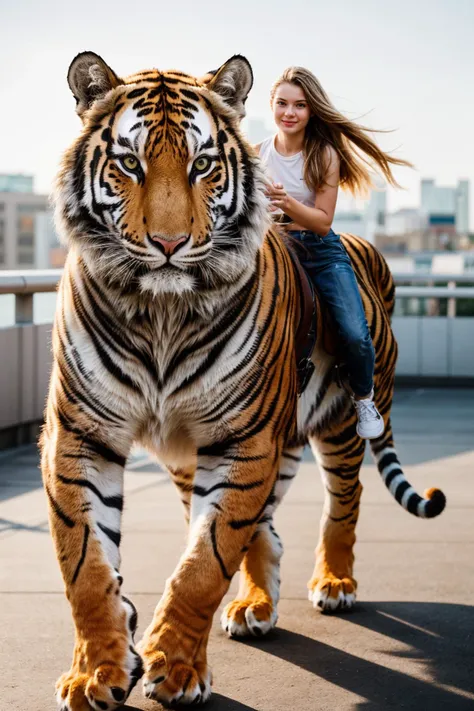 full body,photo of a 18 year old girl,riding on a oversized tiger,running,happy,looking at viewer,ray tracing,detail shadow,shot...