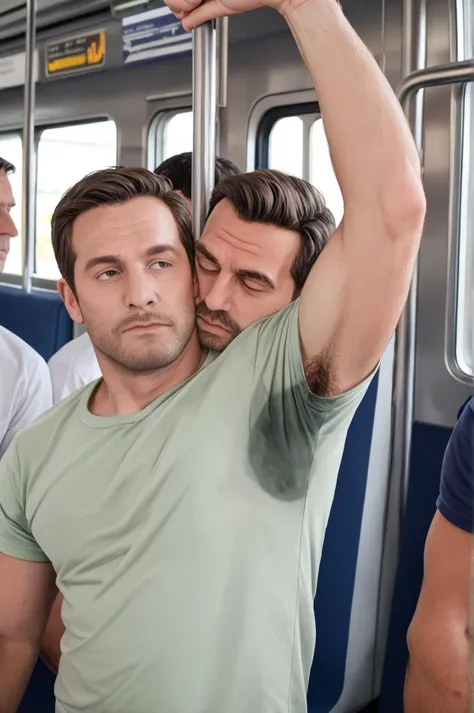 there are three men on a bus with one holding his arm up