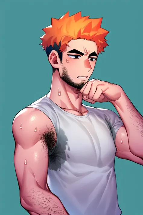 a man with orange hair and a white shirt is posing