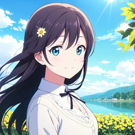 anime girl with long hair and blue eyes standing in front of a lake