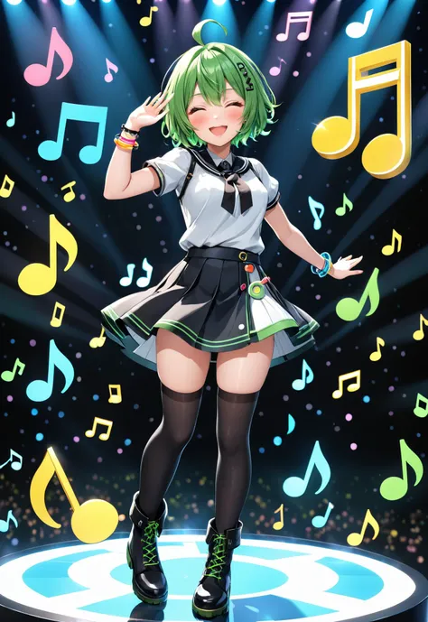 <lora:OMG-Is-DucHaiten_v1.0:1>, i want the whole image to be created in 3D anime style, 1girl, solo, looking at viewer, blush, smile, short hair, open mouth, skirt, thighhighs, ahoge, multicolored hair, boots, one eye closed, green hair, virtual youtuber, ...