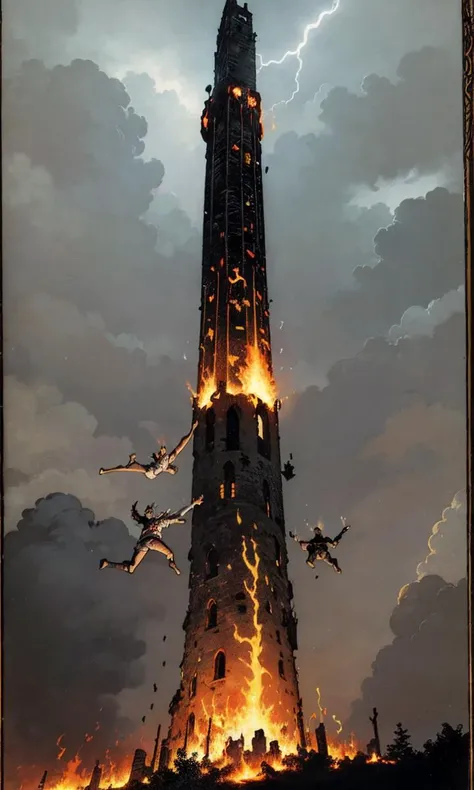 realistic, photo,<lora:Tarotv0.2:0.9>, tarot card,the tower, burning tower, fire ,thunderstorm, jumping people, falling