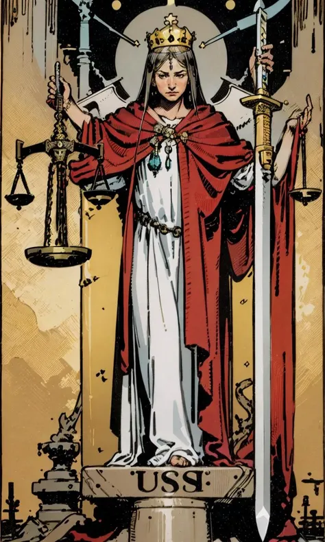 realistic, photo,<lora:Tarotv0.2:0.9>, tarot card, justice ,person, scales of justice / scales, crown, robe, sword throne