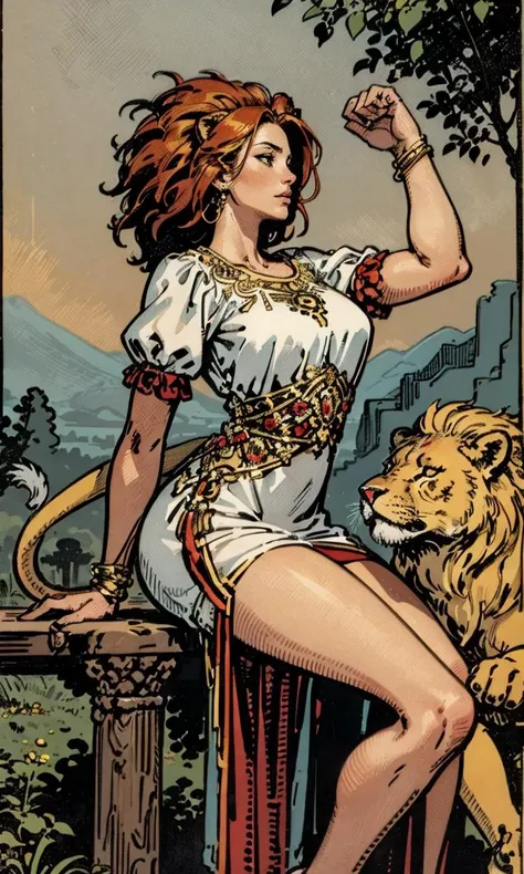 <lora:Tarotv0.2:0.9>, tarot card, strength ,woman, dress ,lion, outdoors