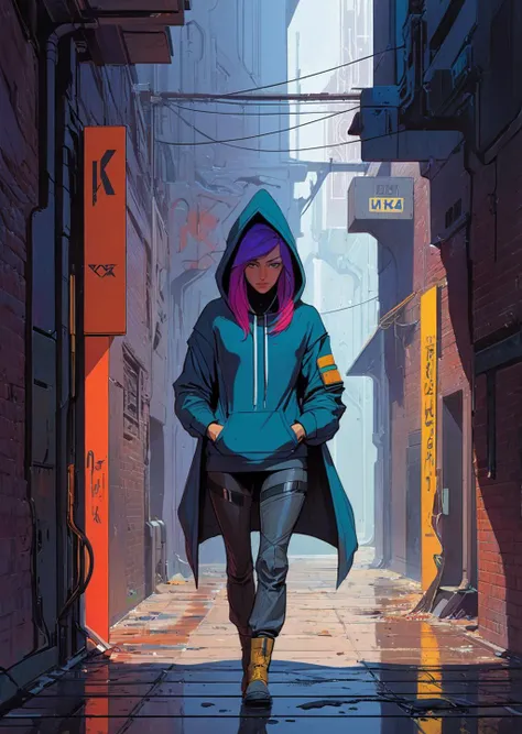 concept art by syd mead ,  high-quality 4k hd, flat-color cartoon artwork in jmst artstyle, moebius
 a woman with medium-length colorful hair wearing hoodie walking under a broken sign in an alleyway
  <lora:concept_art_syd_mead:0.8>
 <lora:SDXL1.0_Essenz-...