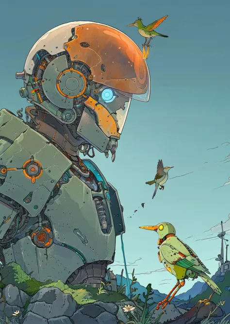 high-quality 4k hd  flat-color cartoon artwork in jmst artstyle, moebius, mgcliu
dutch angle, 
a giant  robot looking at a bird stopped on its hand , glass transparent helmet , 
the robot is aged with moss on its rusty armor,
night, moonlight 
shadows, dra...