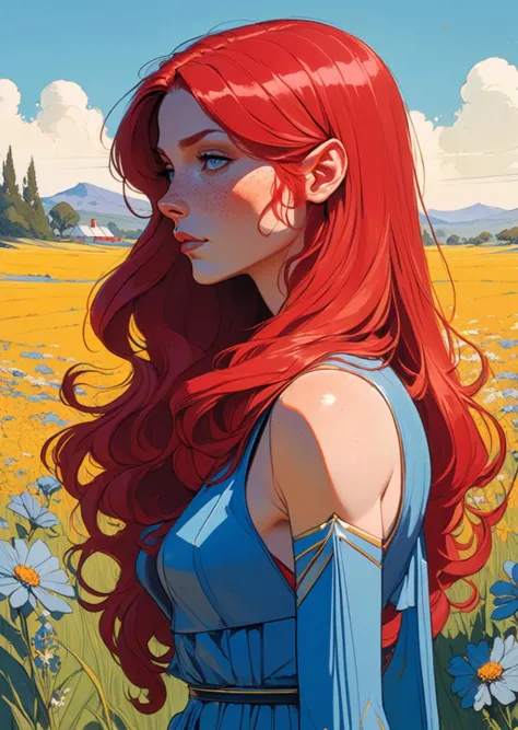 concept art by syd mead ,  high-quality 4k hd, flat-color cartoon artwork in jmst artstyle, moebius
1girl with long wild red hair wearing a blue split leg sleeveless dress standing in a field of flowers on a sunny warm summer day
  <lora:concept_art_syd_me...