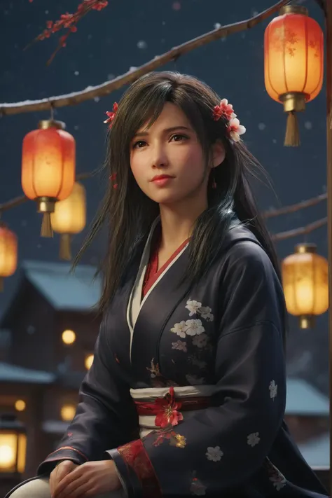 tifa7re,looking at viewer,<lora:tifa_re_sdxl_V1-000006:0.5>,<lora:ALTXL_001_4:2>,smirk,full body,overcoat,beautiful detailed sky, night, stars, (red plum blossom),((winter)),(((snowflakes))), ((red and white flowers))ï¼(starry sky),(sitting),((colorful)),...