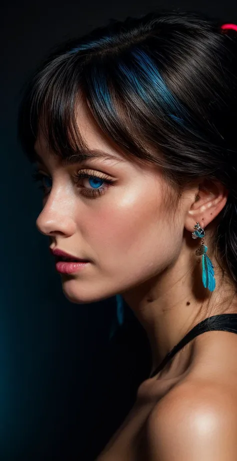 a woman with blue hair and earrings is posing for a picture