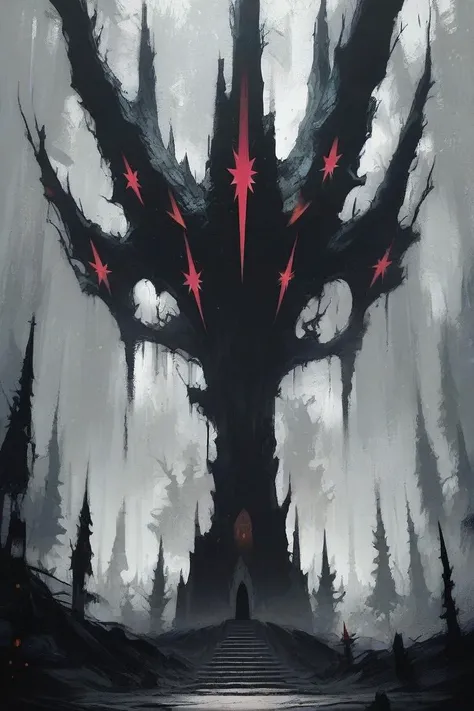 a painting of a giant tree with red stars on it