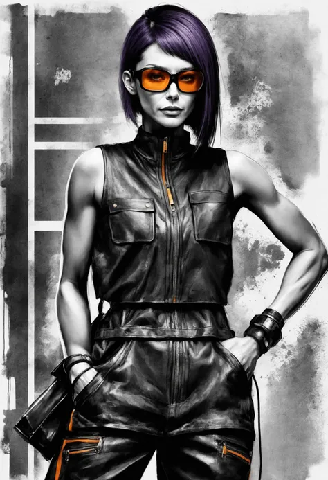 a woman in a leather outfit and sunglasses posing for a picture