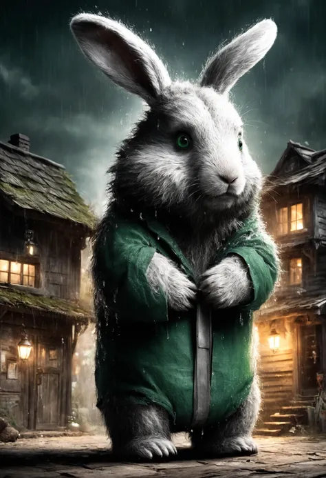 a close up of a rabbit in a green jacket standing in front of a house