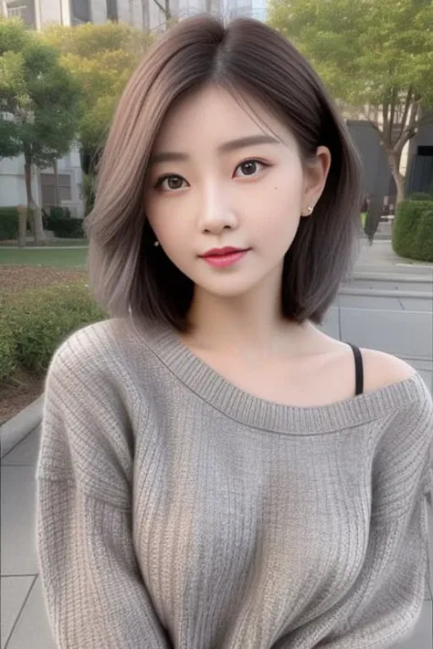 a woman with a short hair and a sweater posing for a picture