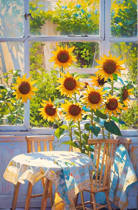 flower, sunflower, no humans, table, window, indoors, chair, plant, solo, day, traditional media, holding, painting (medium), holding flowerï¼ masterpiece, best quality, <lora:Light oil painting_20231025095300-000003:0.7>