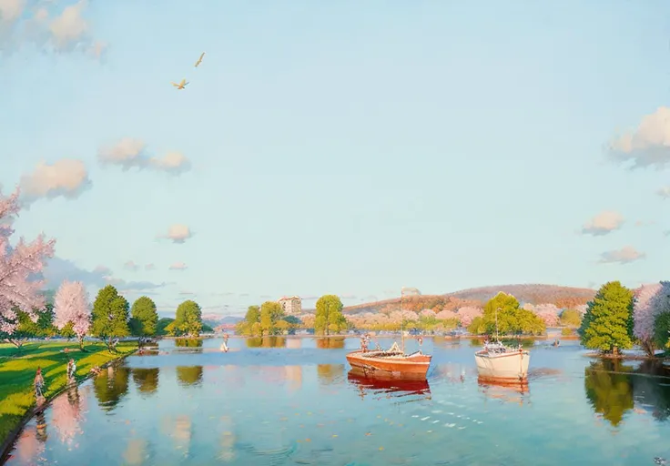 scenery, outdoors, tree, boat, traditional media, watercraft, no humans, water, sky, bird, cherry blossoms (illustration:1.0), masterpiece, best quality,   <lora:Light oil painting_20231025095300-000003:0.91>