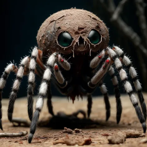 a close up of a spider with a very big face