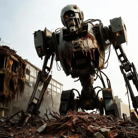 arafed robot standing in a pile of rubble in front of a building