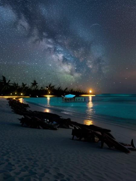 night sky over the ocean with a beach and chairs on the shore