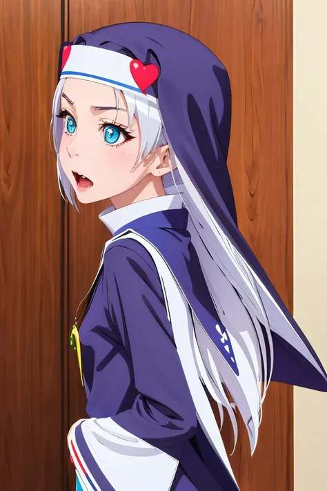 anime girl with long white hair and blue eyes in a purple outfit