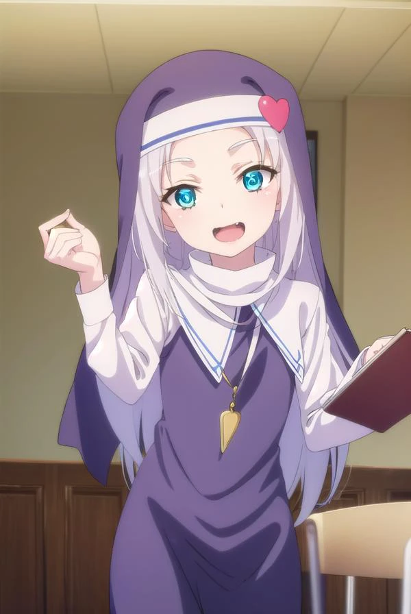 mariatakayama, <lora:maria takayama s2-lora-nochekaiser:1>,
maria takayama, long hair, blue eyes, fang, aqua eyes, smile, open mouth,
BREAK jewelry, heart, necklace, nun, habit,
BREAK indoors, classroom,
BREAK looking at viewer, (cowboy shot:1.5),
BREAK <l...