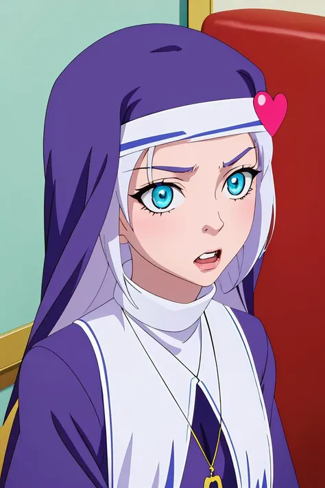 a close up of a woman with blue eyes wearing a nun outfit