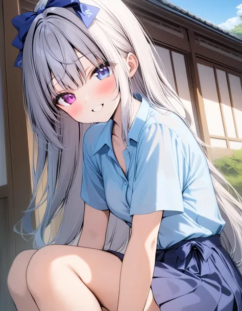 anime girl with long gray hair sitting on a ledge