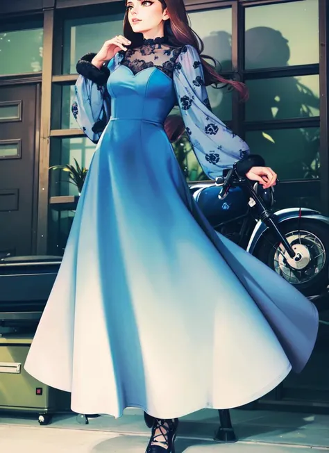 araffe woman in blue dress standing next to motorcycle in front of building