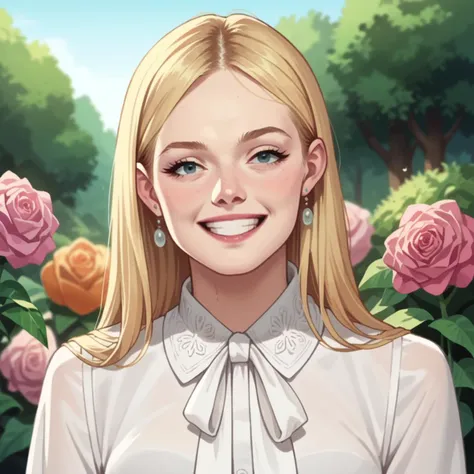 a woman with blonde hair and a white blouse standing in front of flowers