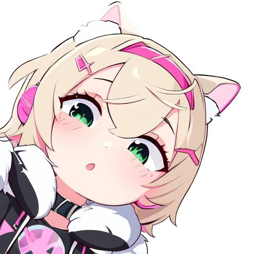 a close up of a person with a cat ear and a pink and white outfit