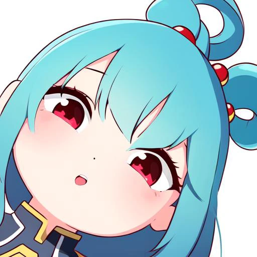 a close up of a cartoon girl with blue hair and a ponytail