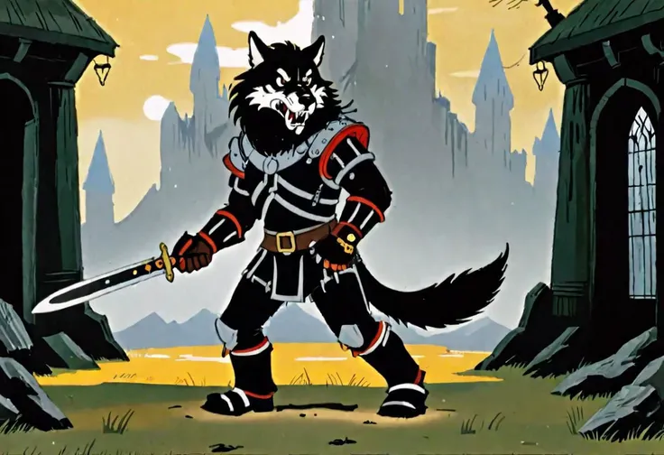 A warrior wearing wolf head metal helmet, black fur infused iron gauntlets, fur infused chainmail armor, and fur insulated metal boots, fur pants with a big crouch guard, tail guard, holding a sword with a long handle with both hands