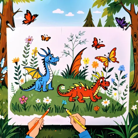 Childrens drawing using pencils an crayons on a white piece of paper| grass flowers butterflies, with pet dragon| forest in background| poorly drawn| Crayola| faber castell