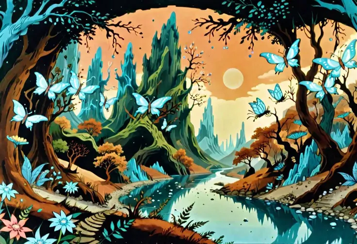 wild planet fantasy landscape, fractal leaves, multi-tiered burdocks wide leaves, turquoise trees, sparkling (translucent crystal flowers), river, green sky, rusty mechanical butterflies, small moons, mountain with many caves,detailed, day, perfect composi...